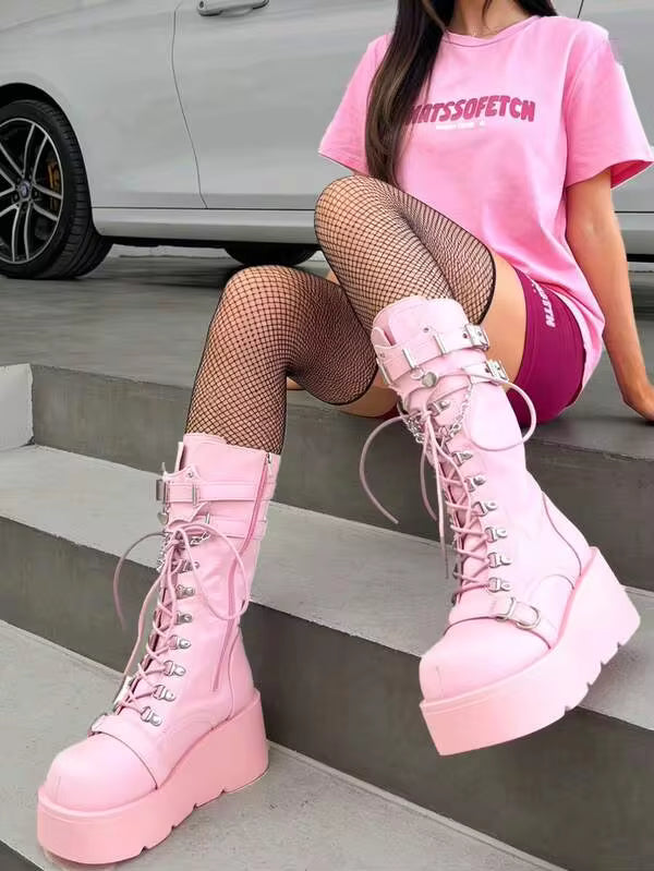 Women Punk Motorcycle Pink Boots Platform High Wedge Heel Metal Buckle Side Zipper Lade Up Round Toe Shoes Cool Fashion Gothic Boots For Woman