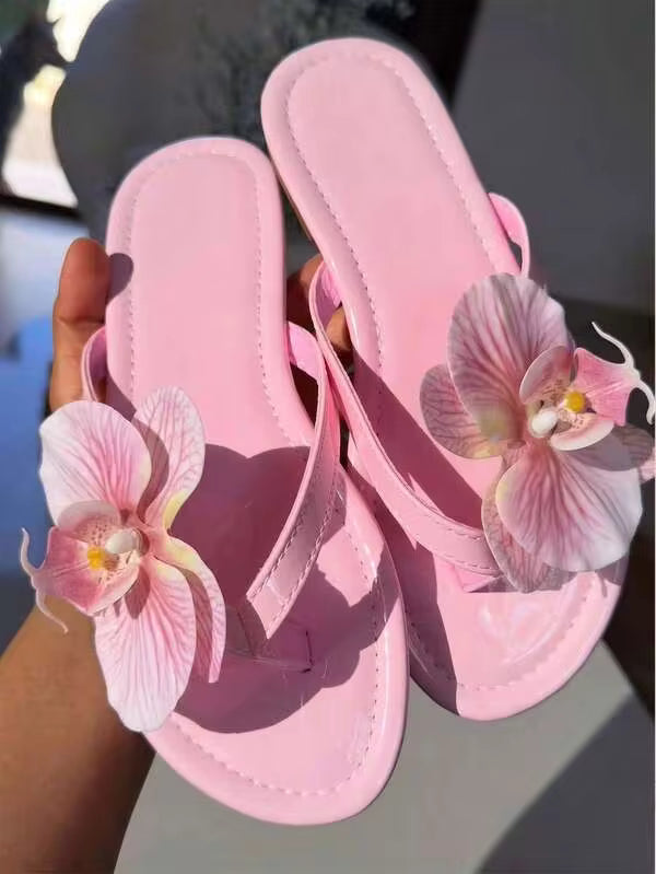 planare New Women's Fashion Summer Minimalist Striped Slip-On Flat Sandals, Pink With 3D Floral Decor, Suitable For Daily, Vacation, Date, Commute And Other Occasions,Beach Shoes